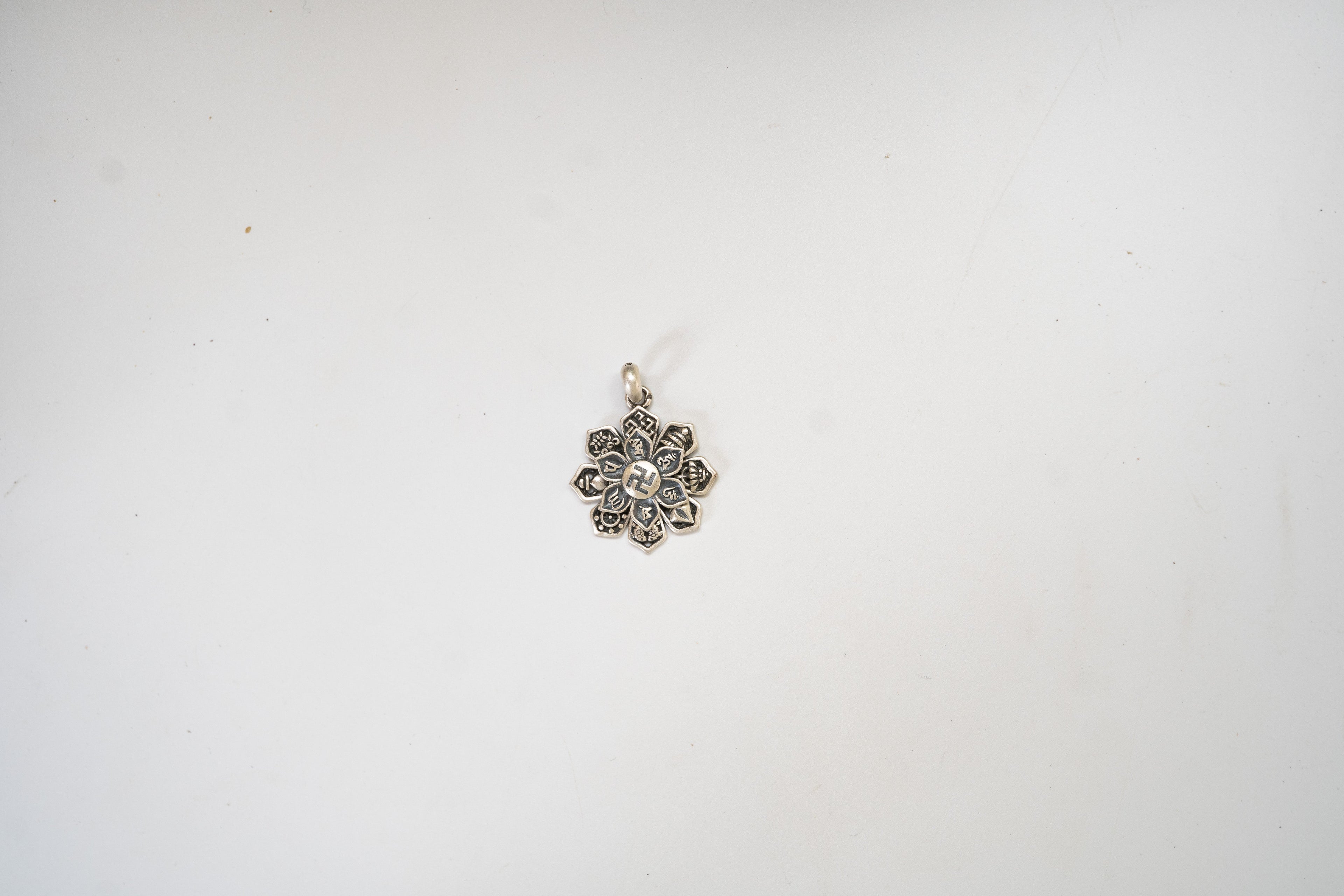 Tibetan Lotus Eight Auspicious Symbols, Six-Character Mantra, Swastika Rotating Tibetan Silver Pendant