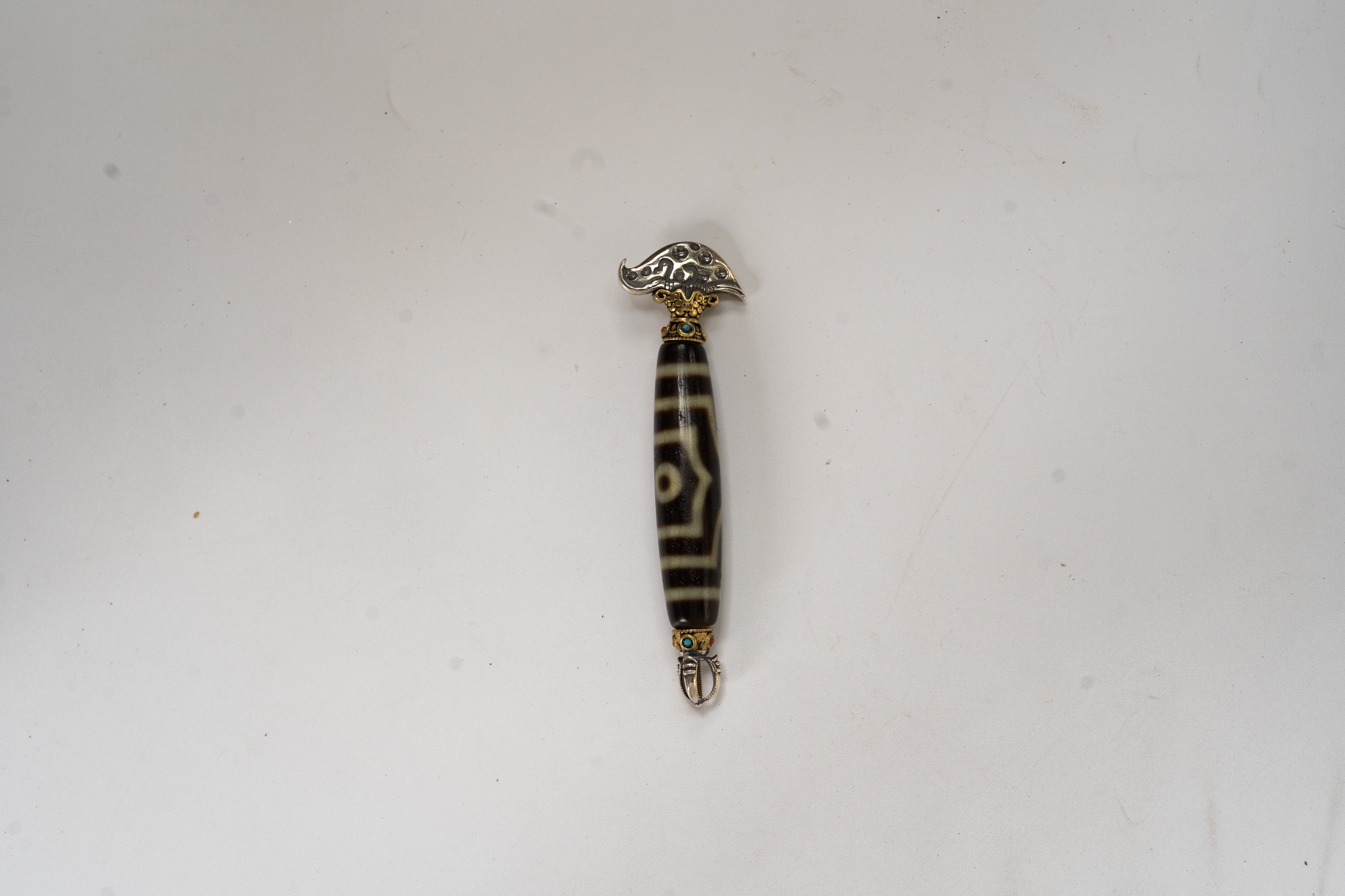 Tibetan Dzi Bead & Money-Attracting Exorcising Amulet Tibetan Silver Pendant