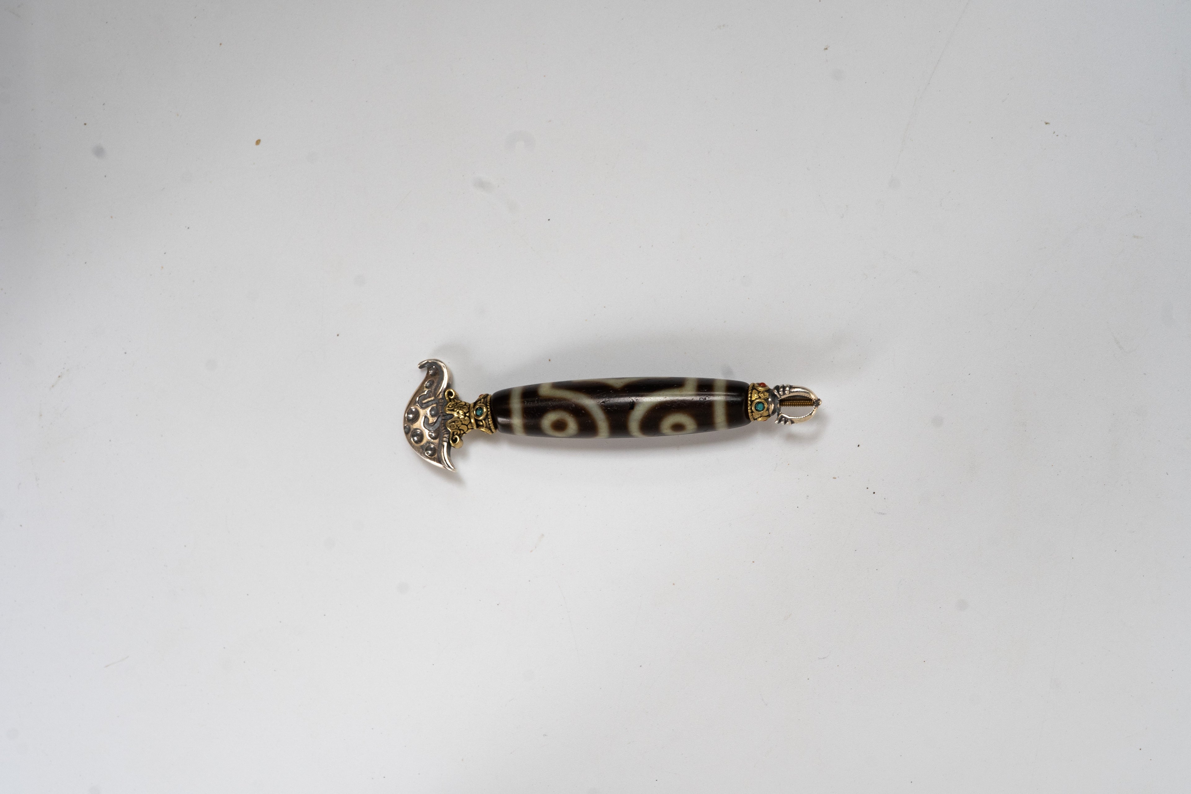 Tibetan Dzi Bead & Money-Attracting Exorcising Amulet Tibetan Silver Pendant