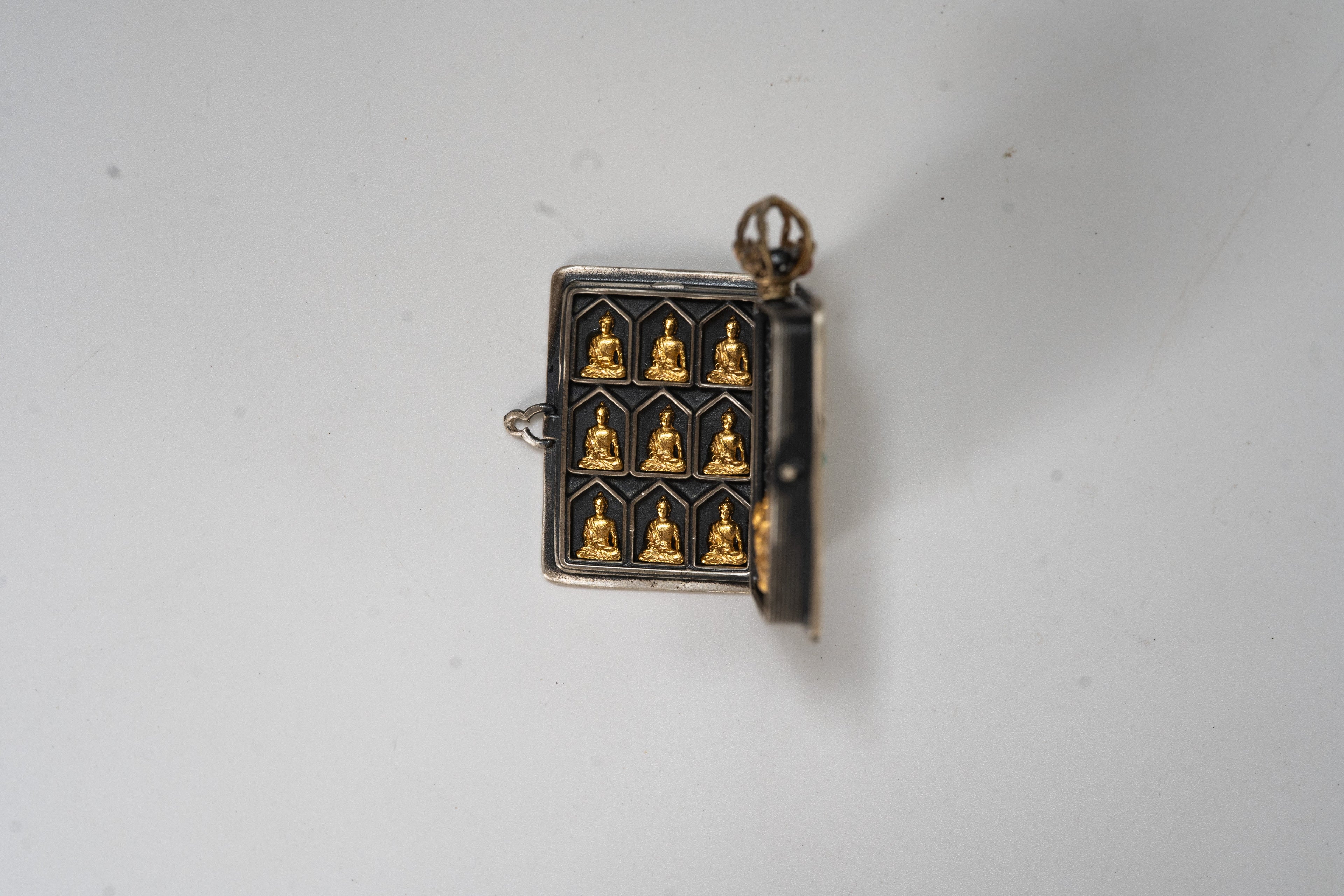 Tibetan Silver Scripture Pendant · Openable Yellow Jambhala Blessing