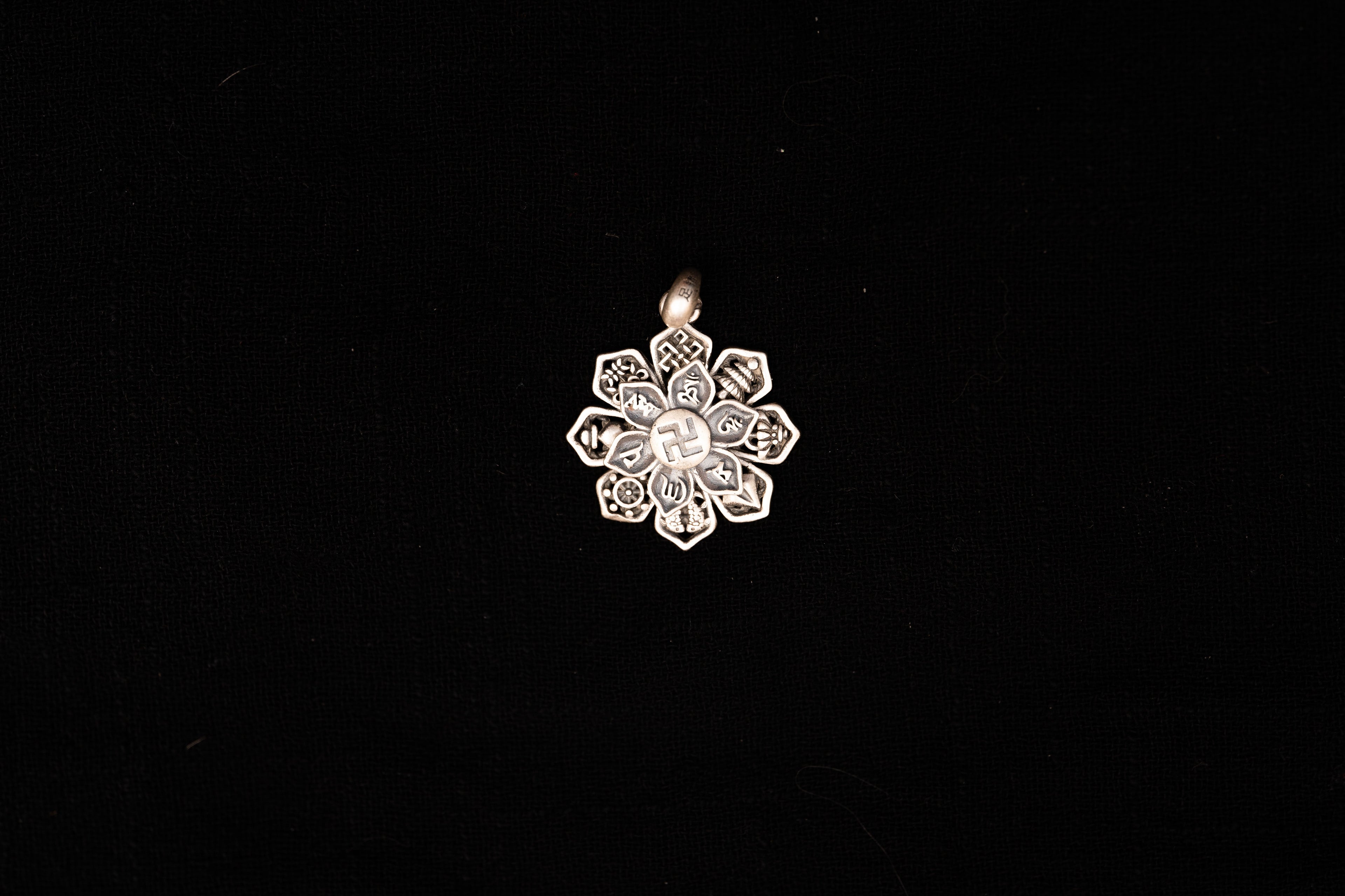 Tibetan Lotus Eight Auspicious Symbols, Six-Character Mantra, Swastika Rotating Tibetan Silver Pendant