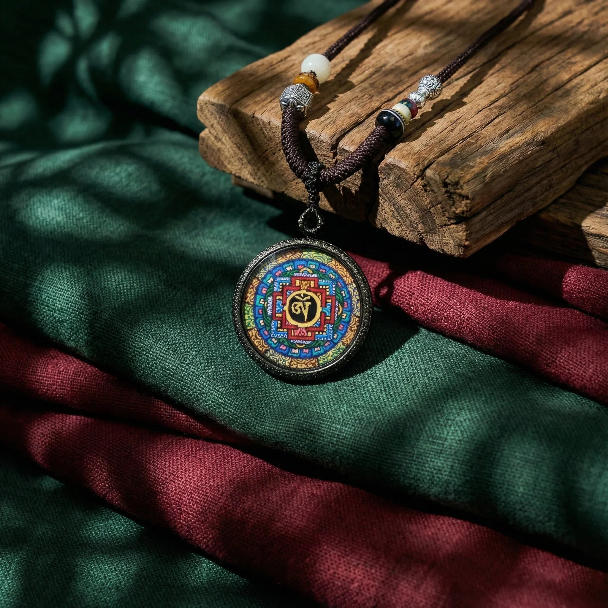 Tibetan mandala pendant necklace with colorful intricate design on woven cord, displayed on wood and fabric.