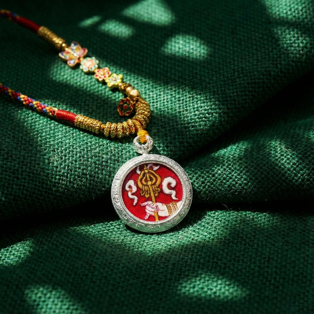 Handcrafted Tibetan pendant necklace with colorful beads and gold threads on green fabric