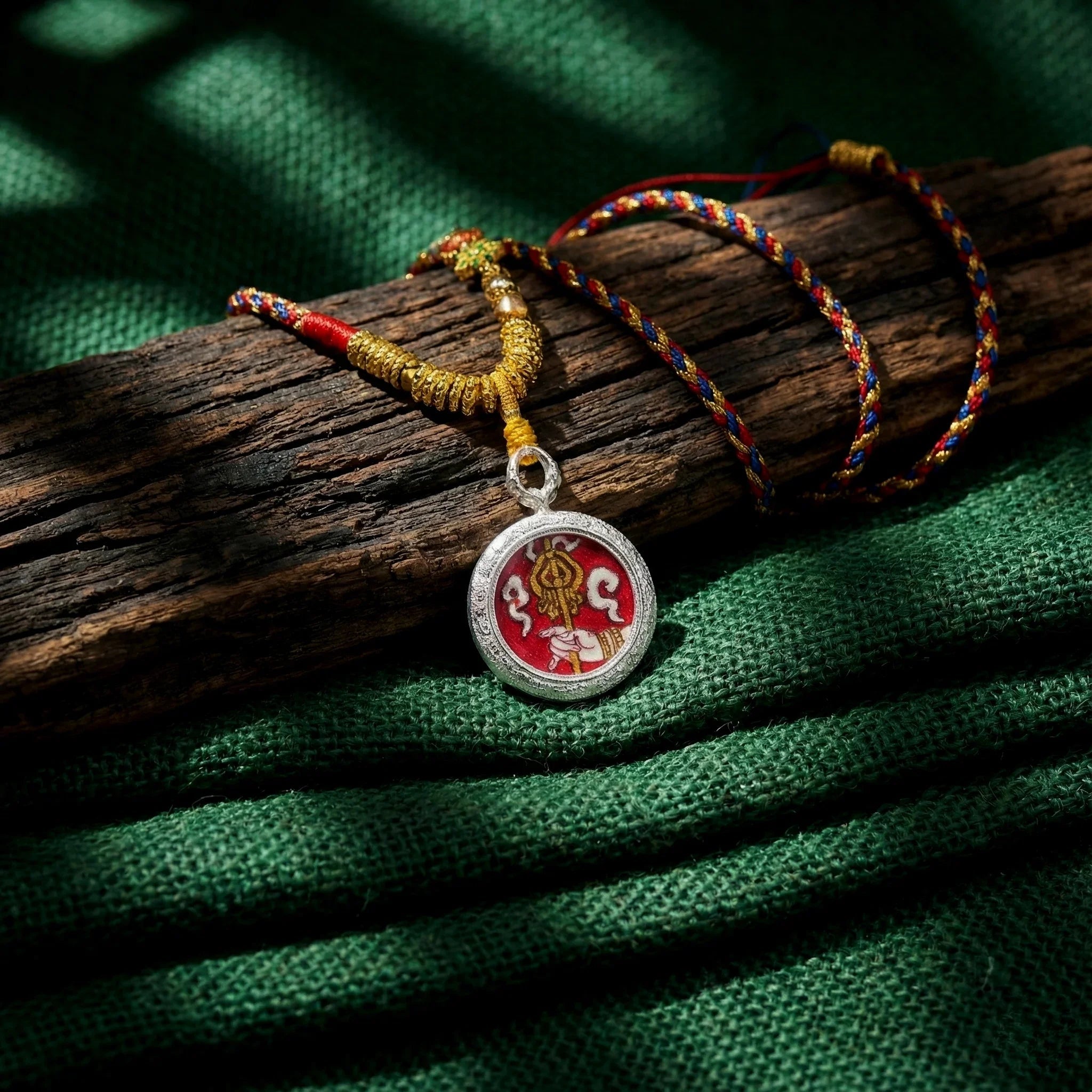 Tibetan Buddhist amulet necklace with colorful cord and sacred symbol pendant on rustic wood