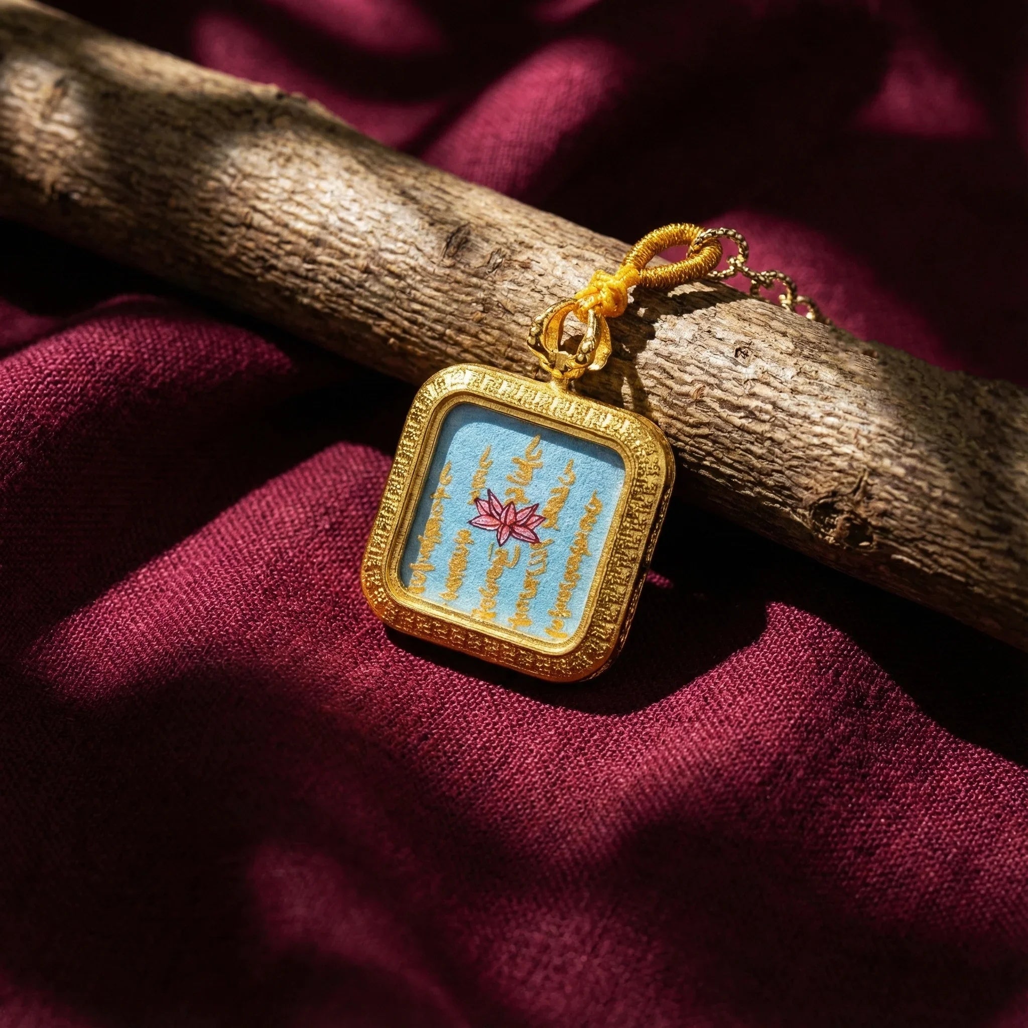 Square gold Himalayan pendant with lotus motif and script, on burgundy fabric background