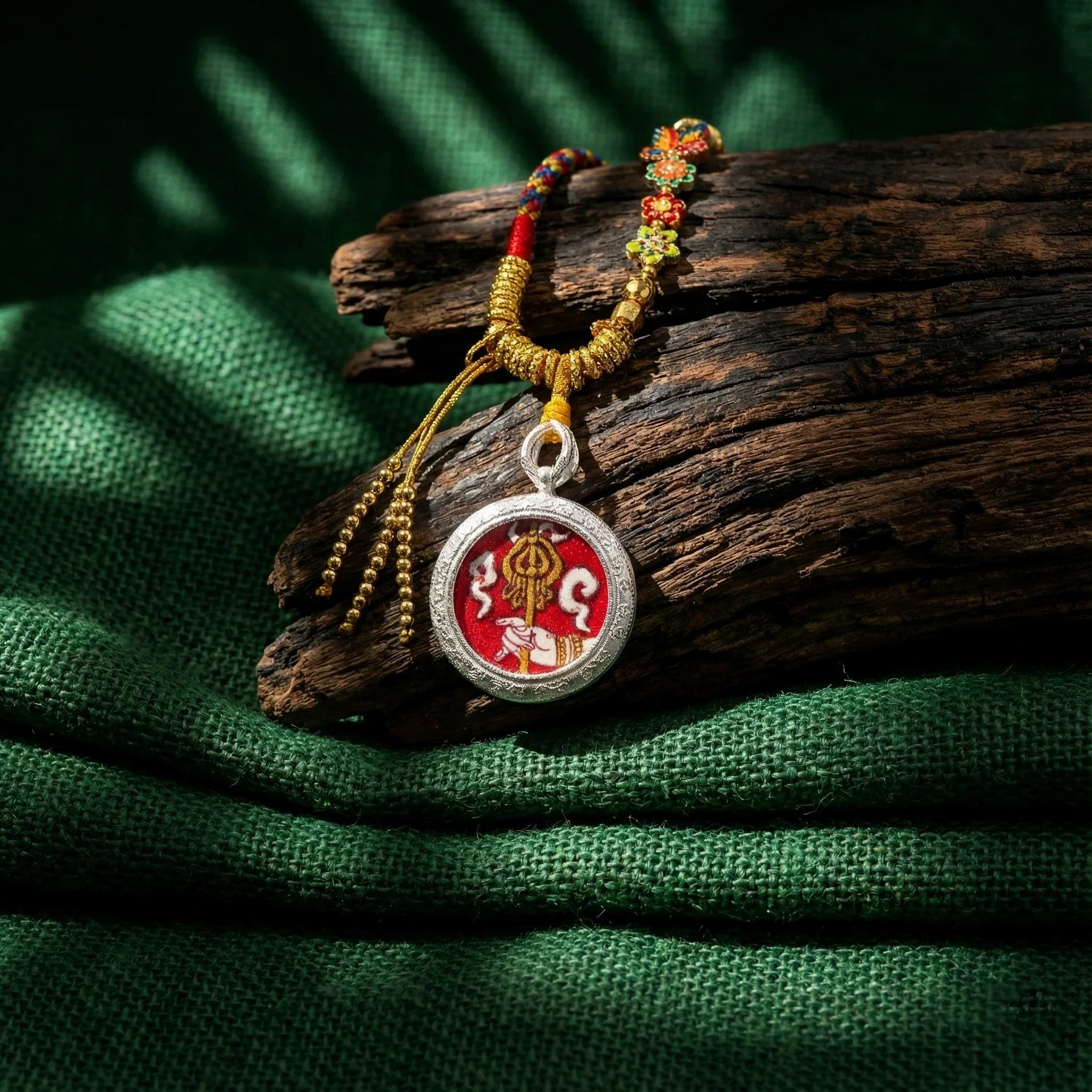 Handcrafted Tibetan amulet necklace with intricate red and gold pendant on rustic wood