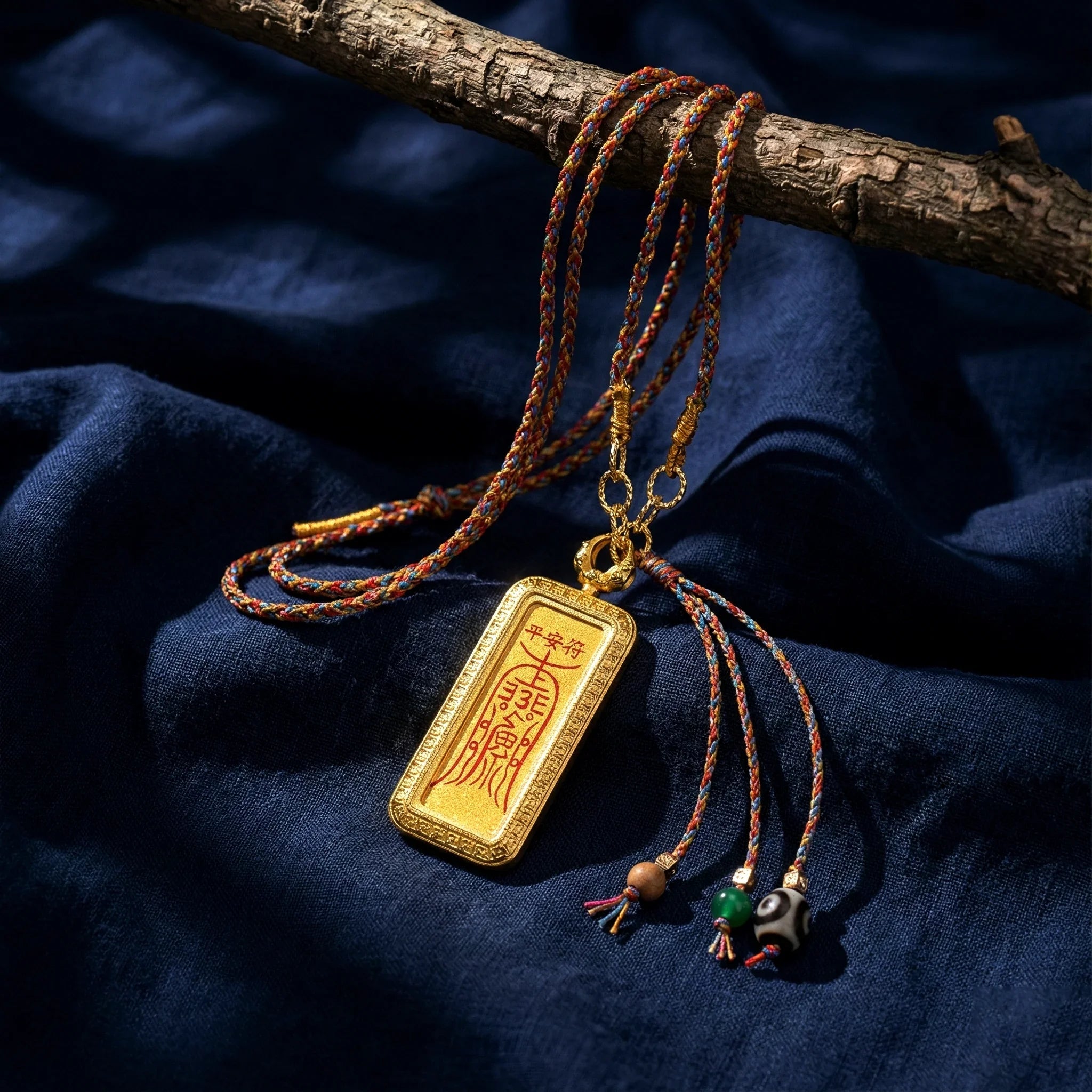 Gold Tibetan amulet pendant with braided cord and beaded tassels on dark blue fabric