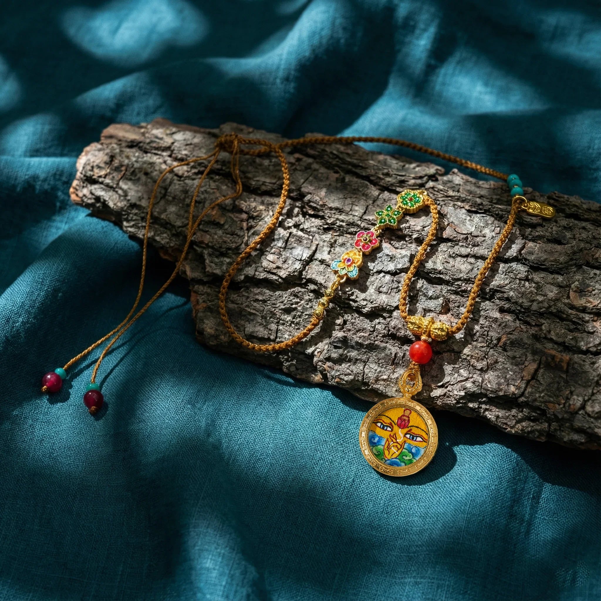 Handcrafted Tibetan pendant necklace with colorful enamel and braided cord on bark and blue cloth