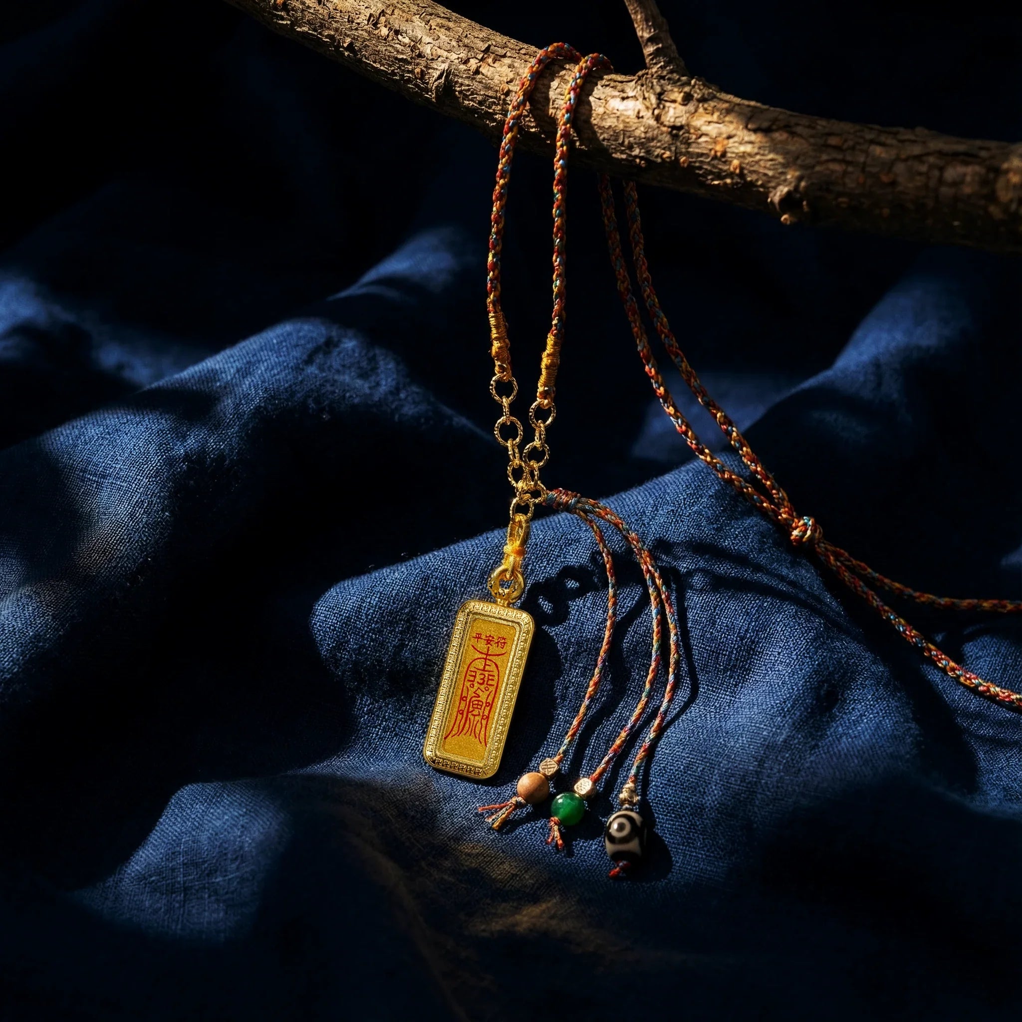 Handcrafted Tibetan amulet necklace with gold pendant and beaded cords on blue fabric
