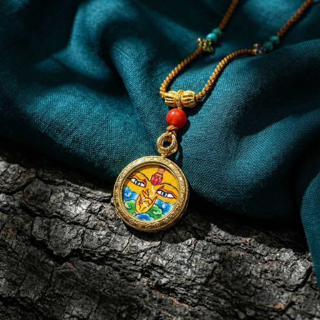 Handcrafted pendant necklace with Tibetan Buddha eyes design, gold frame, on teal fabric
