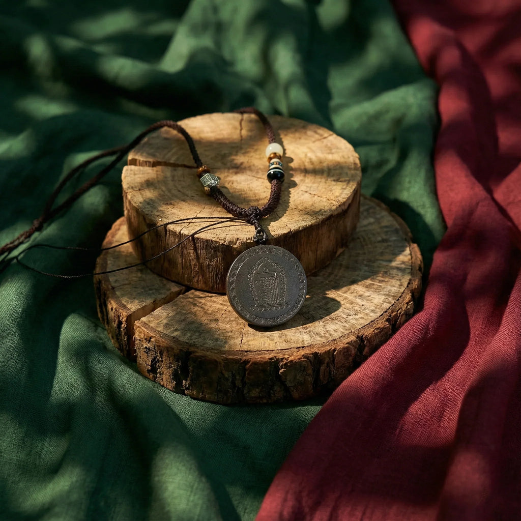 Tibetan coin pendant necklace with beaded cord on wooden display, rustic spiritual jewelry