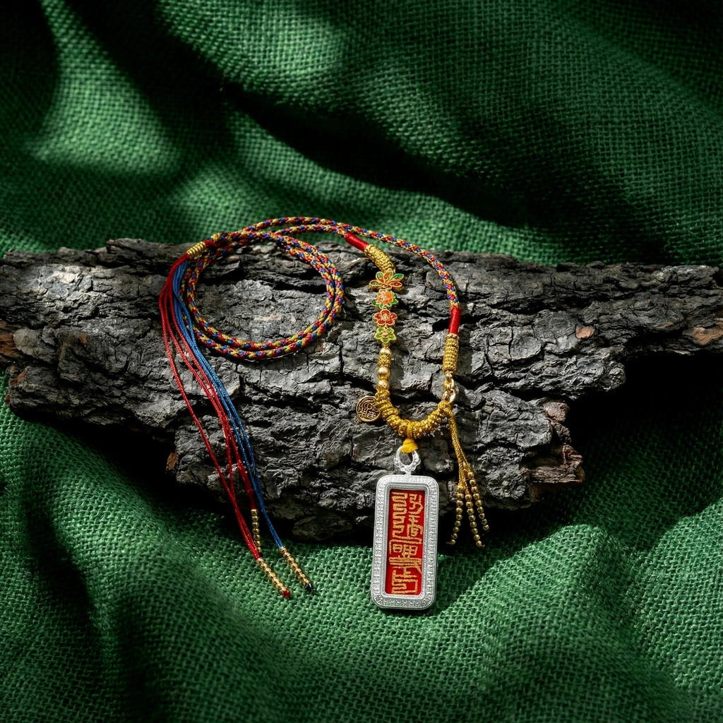 Handwoven Himalayan amulet necklace with colorful threads and Tibetan pendant on bark