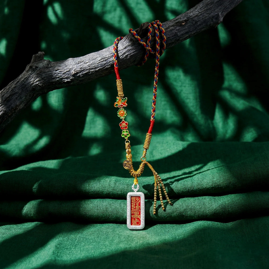 Colorful braided Himalayan pendant necklace with floral charms and engraved red tag on green fabric