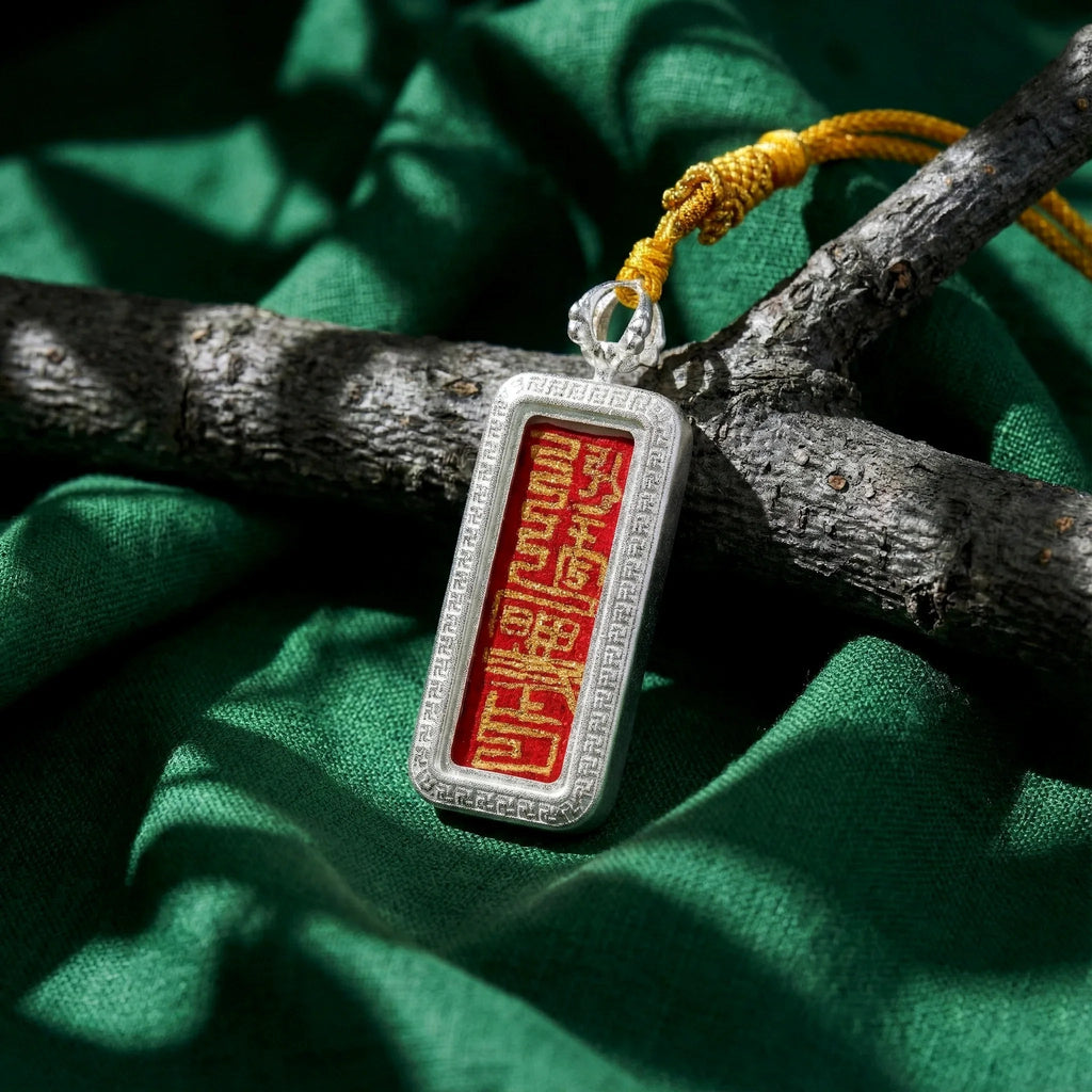 Silver Tibetan amulet necklace with red engraved script, spiritual jewelry on green fabric