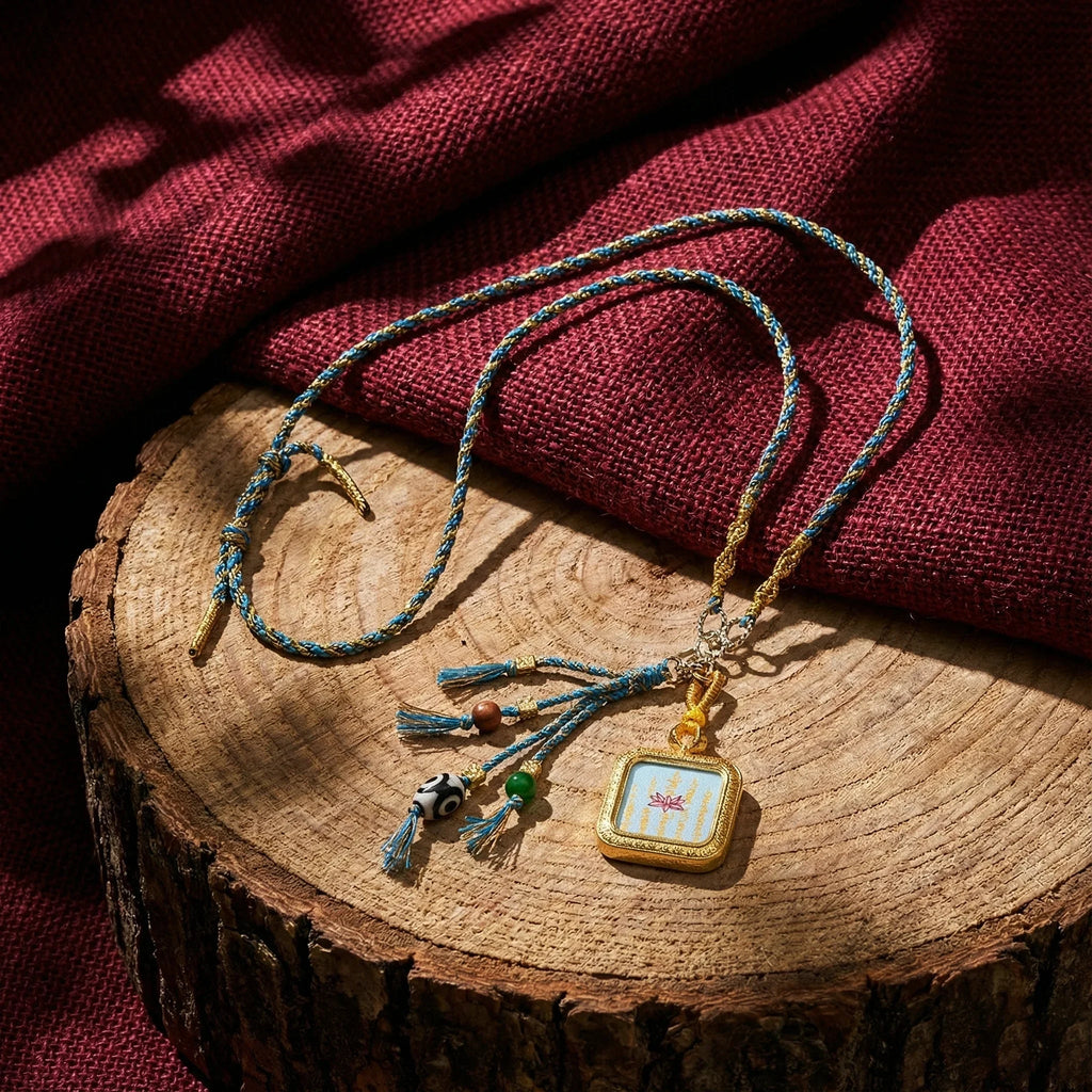 Handwoven Himalayan style pendant necklace with colorful beads and tassels on wood slice