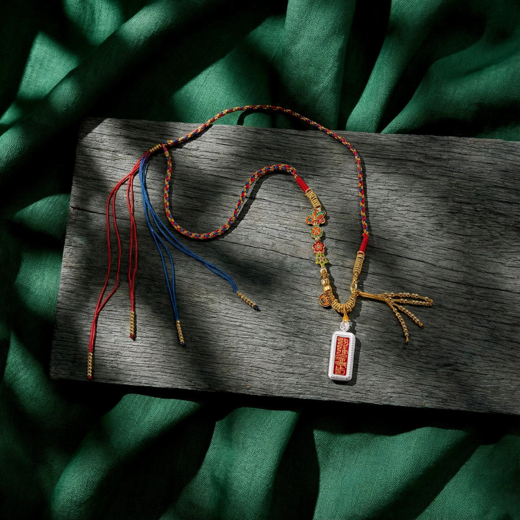 Handcrafted Tibetan necklace with red and blue woven cord, gold accents, and engraved pendant on wood.