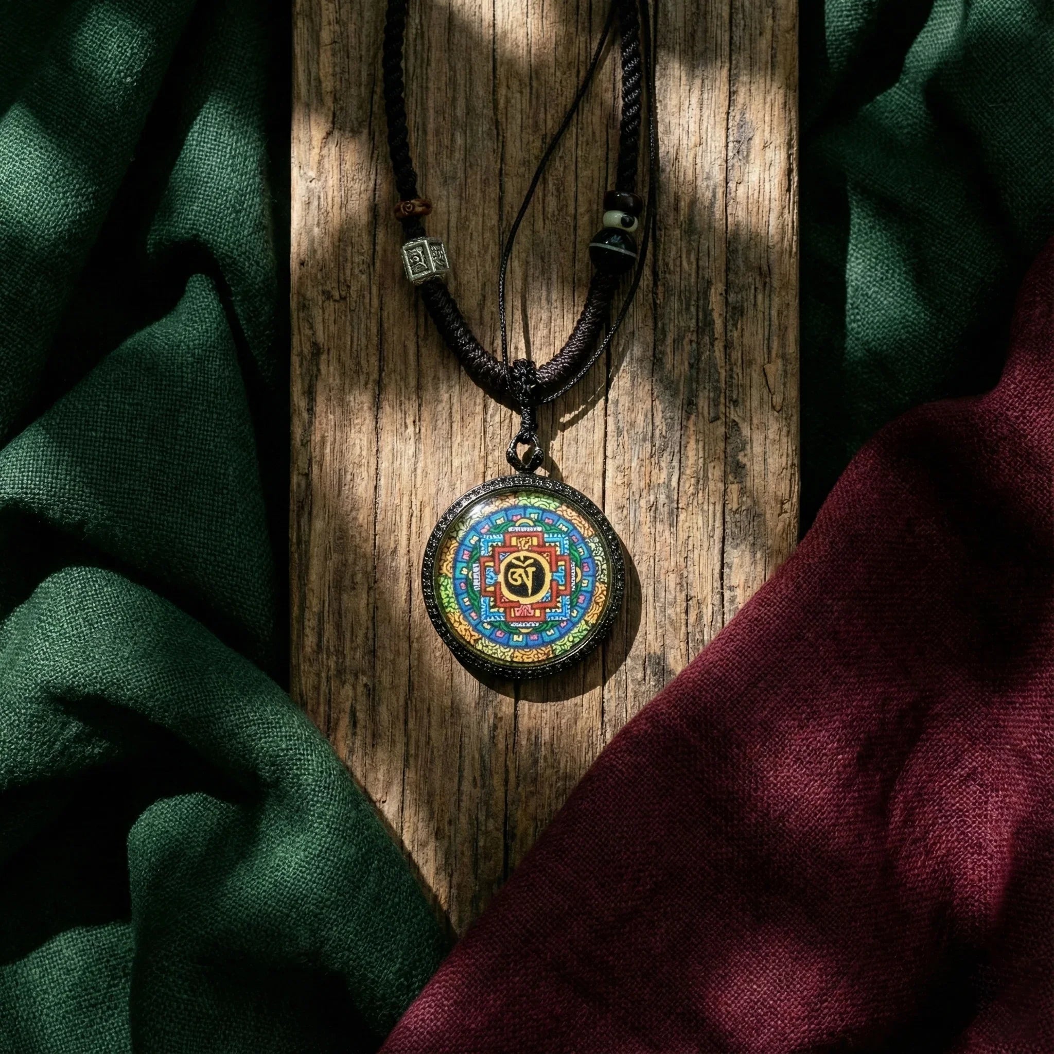 Colorful mandala pendant necklace with Tibetan design on wooden board, surrounded by cloth