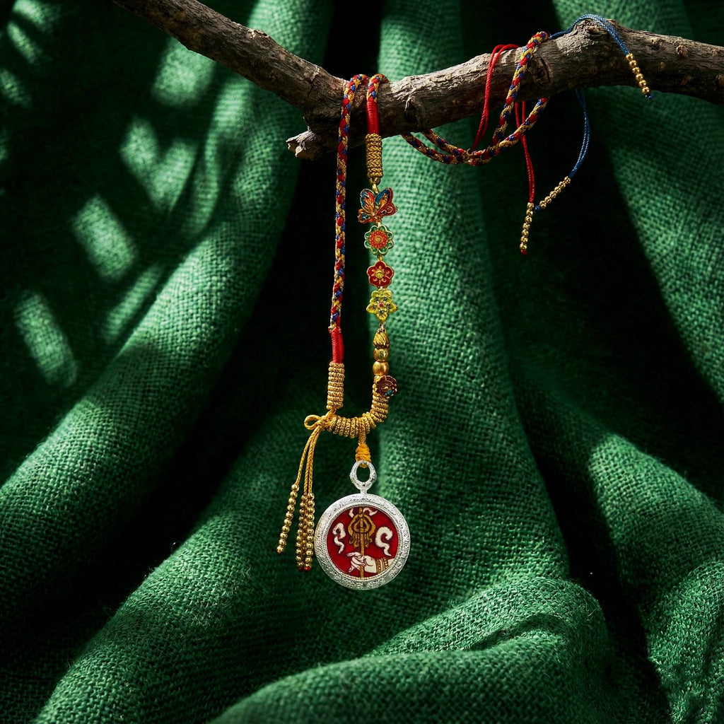 Handwoven Tibetan amulet necklace with colorful braided cord, floral beads, and Buddhist pendant on green fabric background