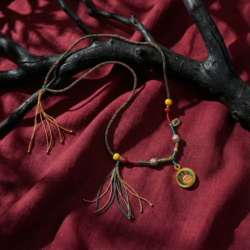 Handwoven Tibetan-style necklace with colorful beads and medallion on red fabric background