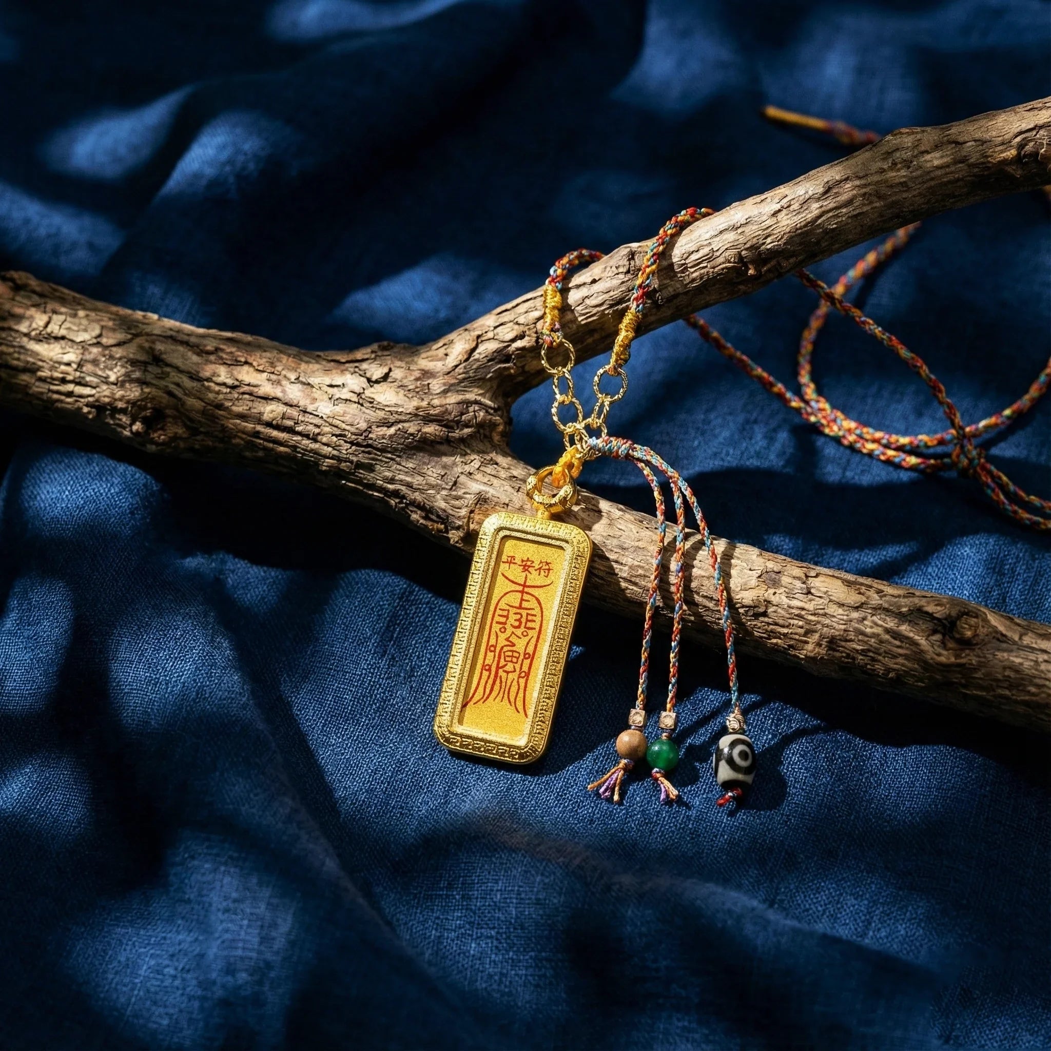 Gold amulet necklace with blessing symbols on a branch, featuring colorful woven cords and beads