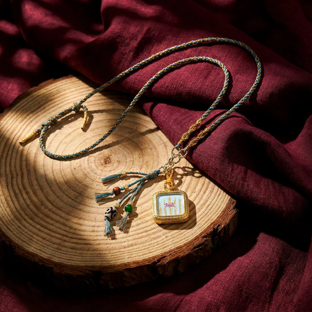 Handcrafted Tibetan necklace with gold square pendant and tassels on a wooden surface