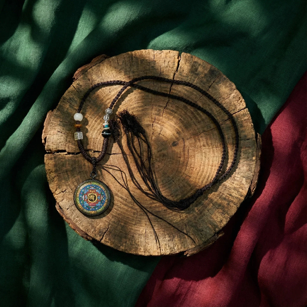 Handcrafted Tibetan mandala necklace with beads on wood slice, green and red fabric background