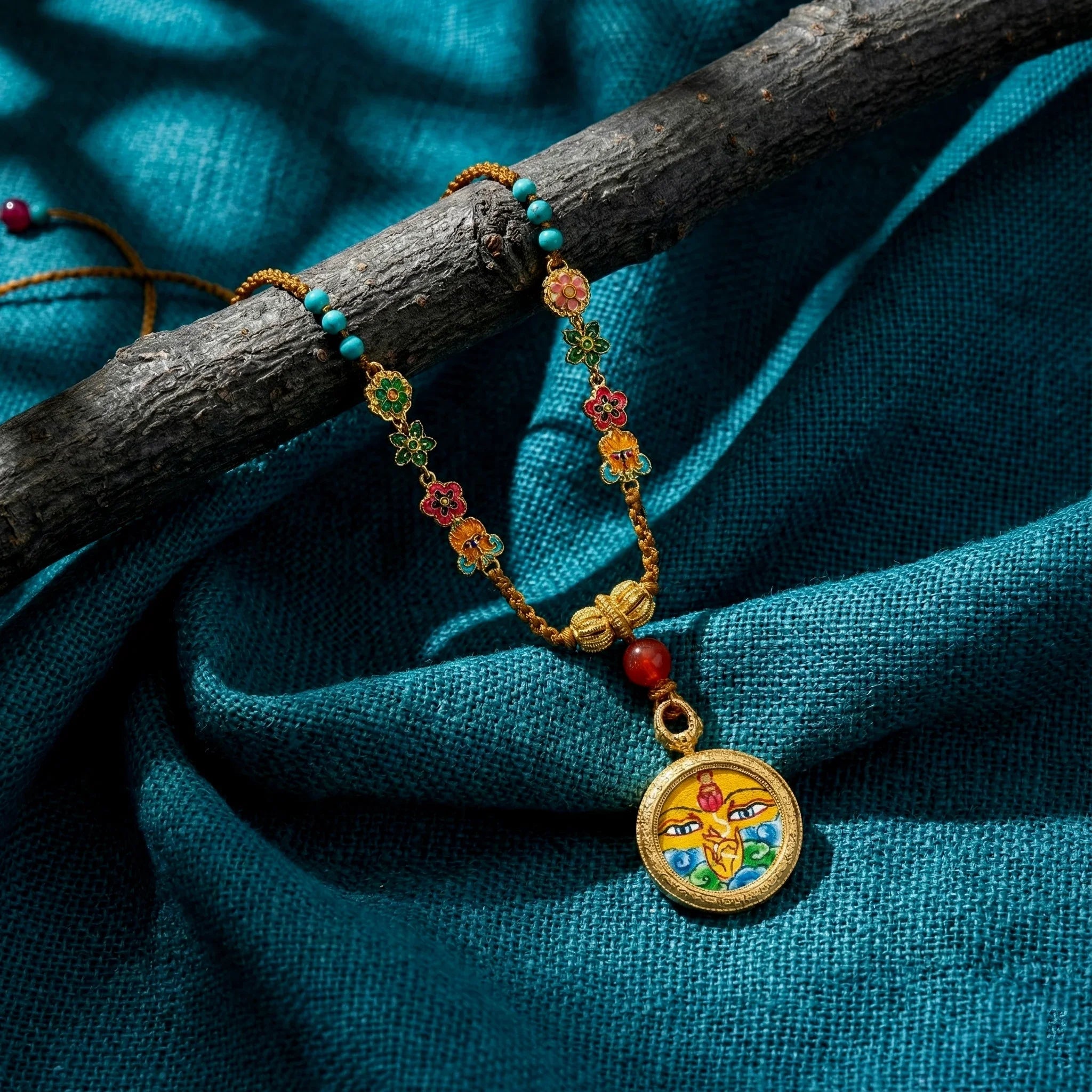 Handcrafted Himalayan pendant necklace with colorful beads and Buddhist symbol on blue fabric