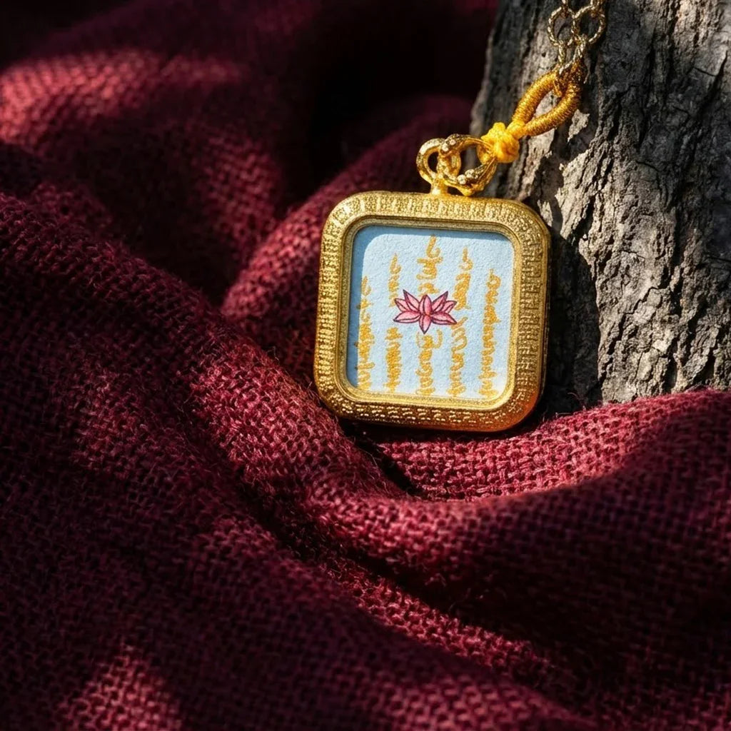 Buddhist gold pendant with lotus and Tibetan script on burgundy fabric, spiritual jewelry
